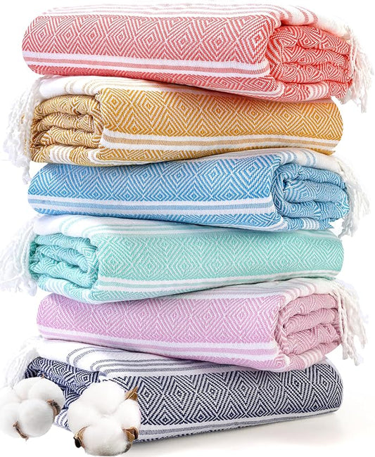 Genovega 6 Oversized Turkish Beach Bath Towel Set Bulk 74"x38" Extra Large Sand Free Quick Dry Swimming Camping Pool Clearance Towels Blanket Essentials Adult Multi Dark Blue Rhombus