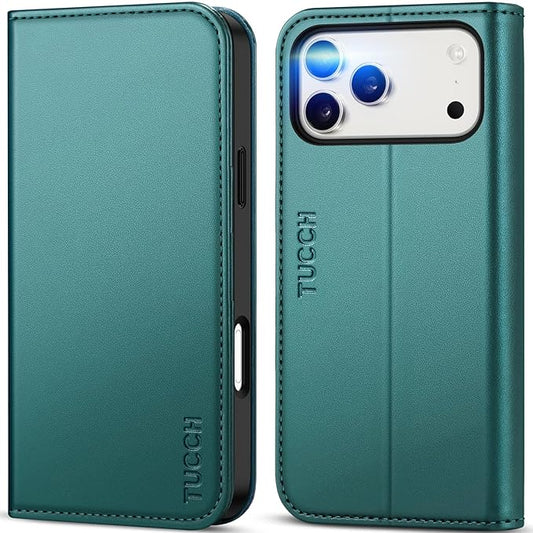 TUCCH Case Wallet for iPhone 17 Pro Max (6.9-Inch) 2025, [3 Card Slots] Kickstand [RFID Blocking] PU Leather Case, Flip Folio Cover with [TPU Shockproof Interior Shell], Teal Green