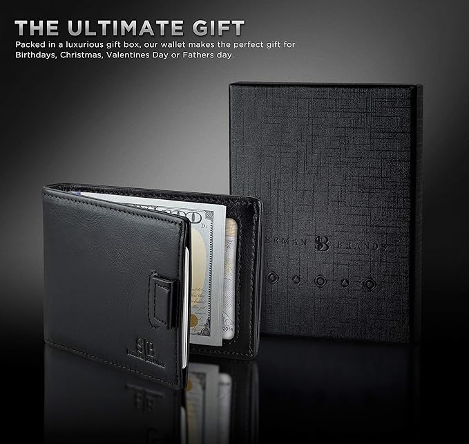 RFID Blocking Slim Money Clip Wallet – Leather Bifold Front Pocket Minimalist Mens Wallet with Money Clip for Men, Small Credit Card Holder Wallet - Travel Wallet with Gift Box
