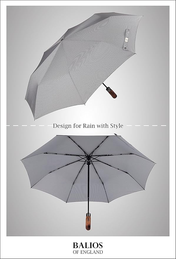 Balios Prestige Travel Folding Umbrella, Handmade Wood Handle, Auto Open & Close