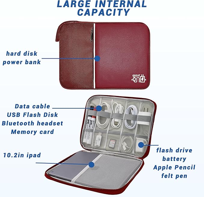 Electronics Organizer,Travel Cord Organizer Pouch, Portable Cable Organizer Bags, Waterproof Electronic Accessories Storage Case for Cables, Cords, Charger, Phone (Single Layer-Large-Winered)