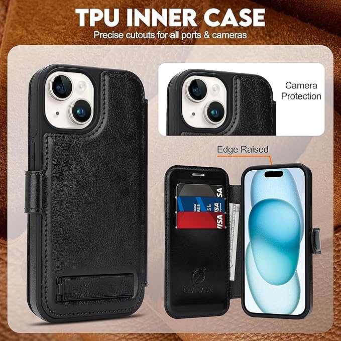 CIVICASE for iPhone 13/iPhone 14 Wallet Case with Stand,PU Leather Flip Credit Card Holder Slots (RFID Blocking),Compatible with Magsafe Magnetic Holder Phone Cover Women Men,Black