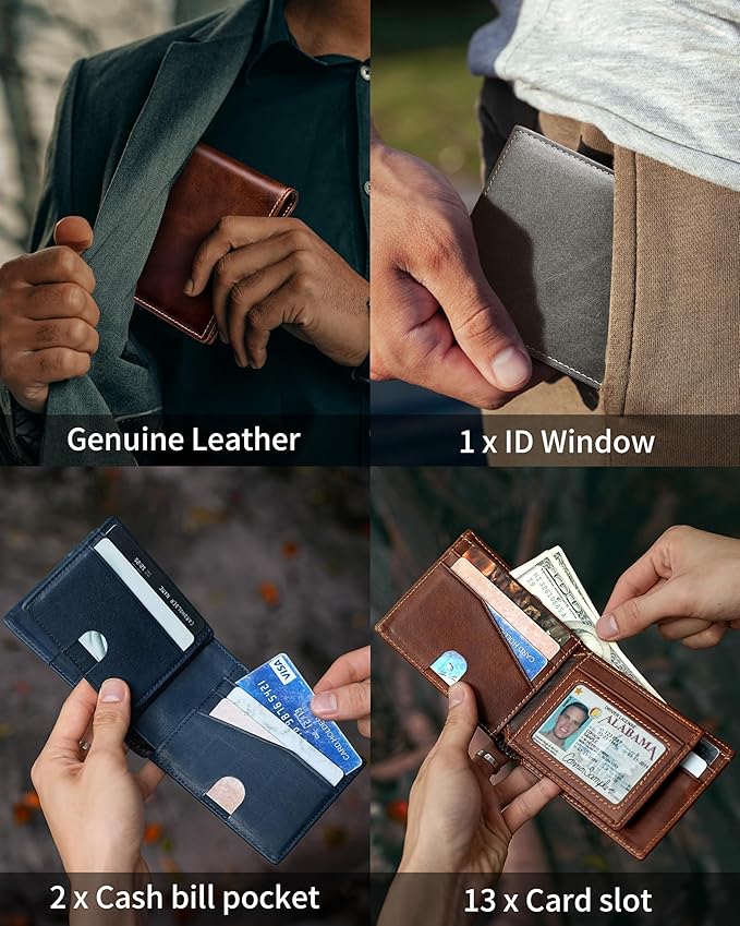 Artpaxy Mens Wallet Bifold Genuine Leather RFID Blocking Wallet for Men with 1 ID Windows 13 Card Holders 2 cash pockets 1 Gift Box