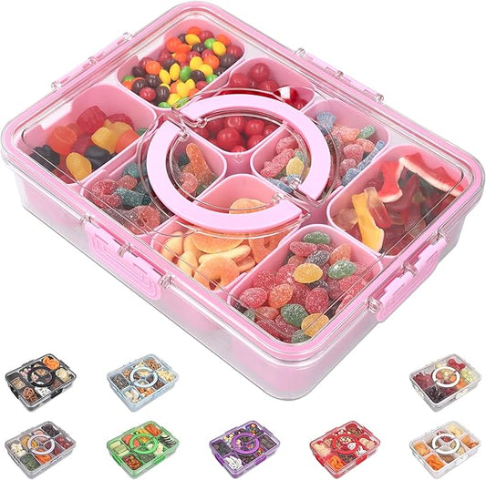 Snackle Box Container with Lid Travel Charcuterie Box with Handle Organizer for Candy, Fruit, Nuts, Veggies, Snacks, Beach Essentials, Portable Lunch Box (Pink, Large)