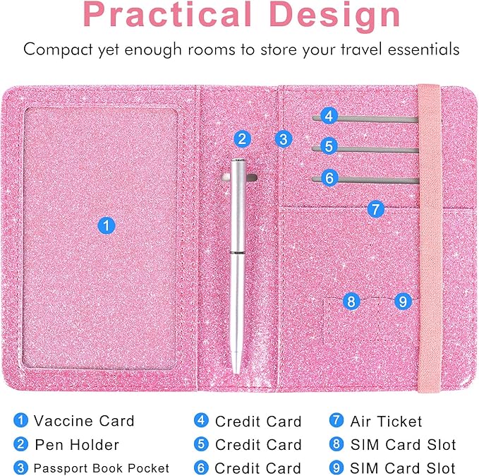 Caweet Passport Holder and Vaccine Card Holder Combo RFID Blocking Leather Vaccination Card Wallet with Elastic Band Closure, Glitter Pink