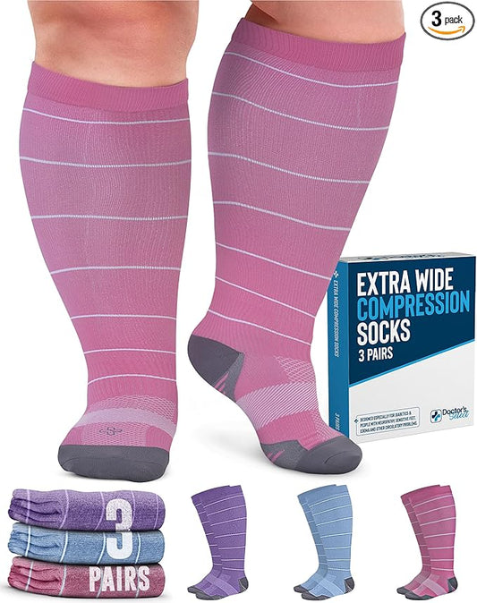 Doctor's Select 3 Pairs Plus Size Compression Socks Wide Calf - Up to 6XL | 20-30 mmHg Compression Socks for Women Wide Calf| Blue, Pink, Purple (Stripes)