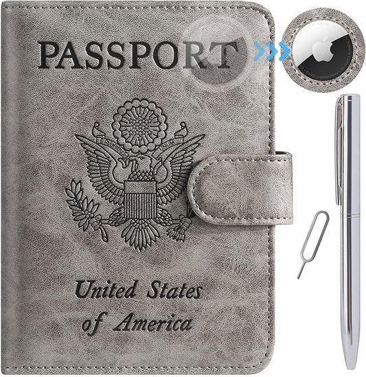 Airtag Passport Holder Cover Wallet RFID Blocking Leather Case Travel Essentials Luggage Accessories Travel Must Have(118#Grey)