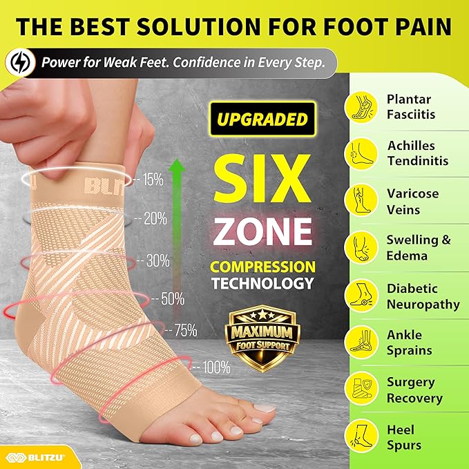 BLITZU Compression Socks for Plantar Fasciitis, Achilles Tendonitis, Arthritis Relief, Ankle Brace Compression Sleeve with Foot Arch Support, Ankle Wrap for Women, Men, Swelling & Heel Pain Nude S-M