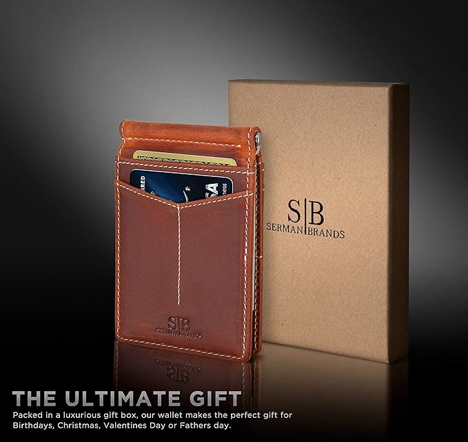 SERMAN BRANDS RFID Blocking Wallet Slim Bifold - Genuine Leather Minimalist Front Pocket Wallets for Men with Money Clip Gift (Canyon Red)