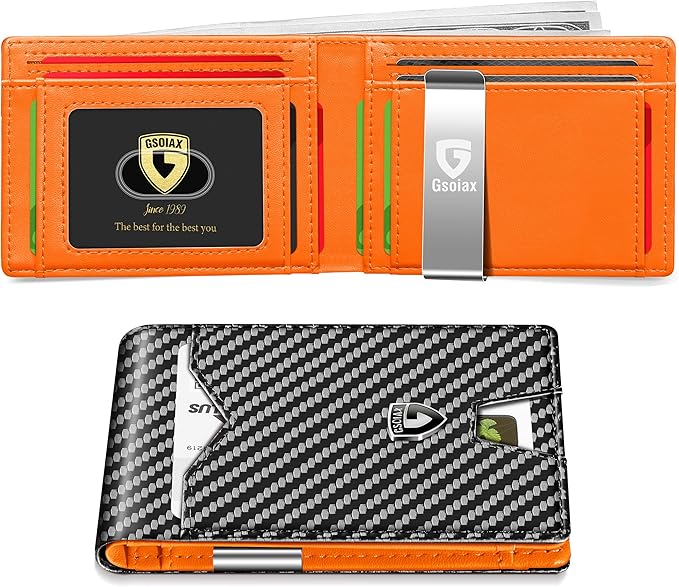 GSOIAX Mens Slim Wallet for Men Minimalist Genuine Leather Carbon Fiber Rfid Blocking Bifold Credit Card Holder With Gift Box (Carbon and Orange -money clip)