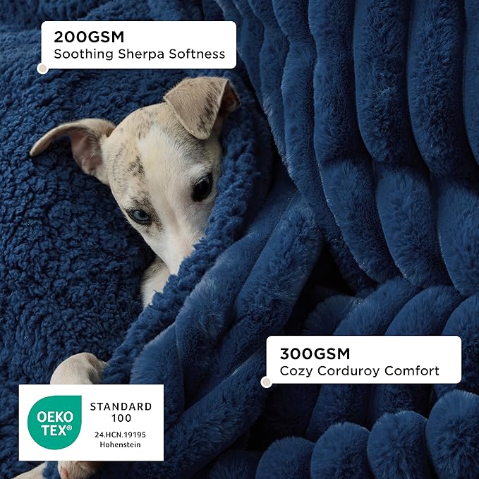 Bedsure Waterproof Dog Blankets for Large Dogs - Soft Puppy Cat Blanket Corduroy Fleece for Couch Protector Washable, Cozy Calming Reversible Furniture Protection for Pet,40"x50", Navy Blue