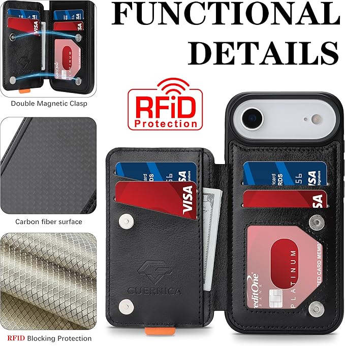 GUERNICA for iPhone 17 Air (6.7") Case Wallet with Card Holder, RFID Blocking Leather Protection, Shockproof Women Men Phone Case for iPhone Air, A - Black