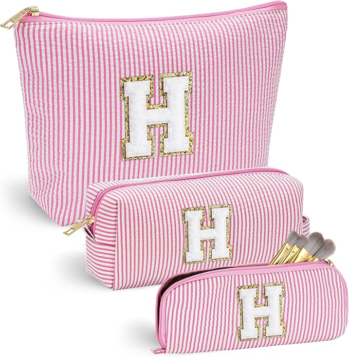 YOOLIFE Birthday Gifts for Girls - Personalized Initial Cute Pink Cosmetic Makeup Bag Pouch Make Up Bags Travel Toiletry Bag for Her Mom Girlfriend Wife Teacher 18th Birthday Gifts for Girls H