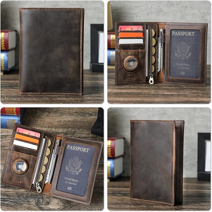 Top Grain Leather Single Travel Passport Wallet Embossing Badge for Unisex, Folio Design for Passport & Multi Cards, RFID Blocking for Passport/Cards/Checks/Bills/AirTag, Coffee Default, IL