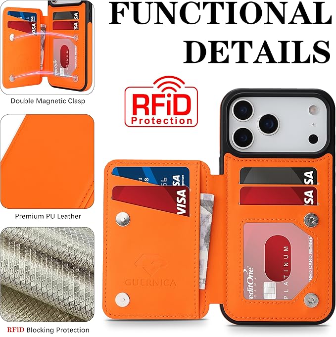 GUERNICA for iPhone 17 Pro Max (6.9") Case Wallet with Card Holder, RFID Blocking Leather Protection, Shockproof Women Men Phone Case for Apple 17 Pro Max, Orange