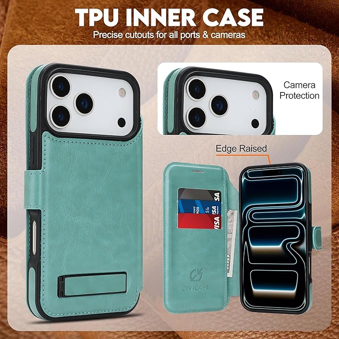 CIVICASE for iPhone 17 Pro Max Wallet Case with Stand,PU Leather Flip Credit Card Holder Slots (RFID Blocking),Compatible with Magsafe Magnetic Holder Phone Cover Women Men,Green