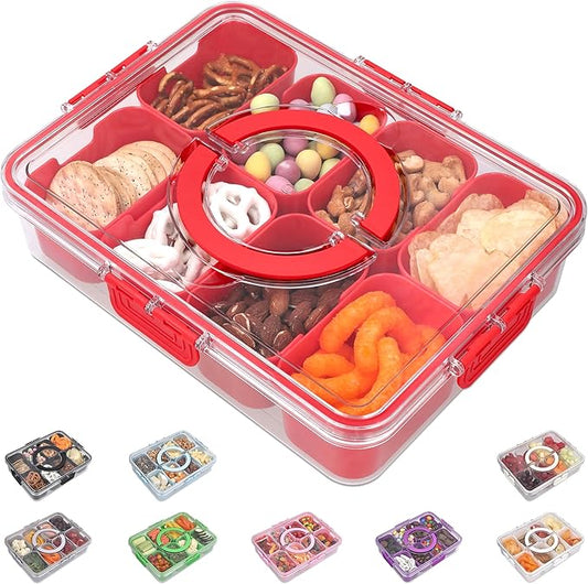 Snackle Box Container with Lid- Travel Charcuterie Box with Handle - Organizer for Candy, Fruit, Nuts, Veggies, Snacks, Beach Essentials, Portable Lunch Box (Red, Large)