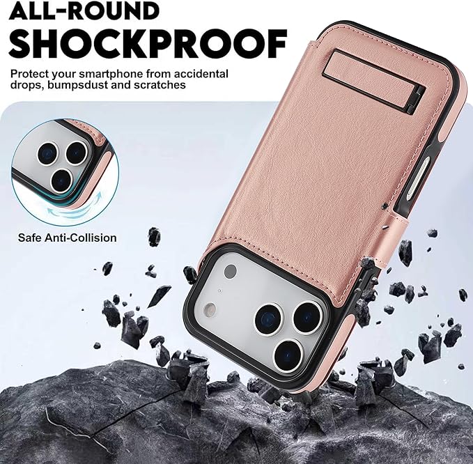 CIVICASE for iPhone 17 Pro Max Wallet Case with Stand,PU Leather Flip Credit Card Holder Slots (RFID Blocking),Compatible with Magsafe Magnetic Holder Phone Cover Women Men,Rose Gold