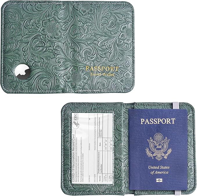 lizimandu Passport Holder with Airtag Slot, Airtag Passport Wallet for Men Women, Slim Leather Passport Holder Case Family for Travel Anti-Lost(1-Carved Grren)