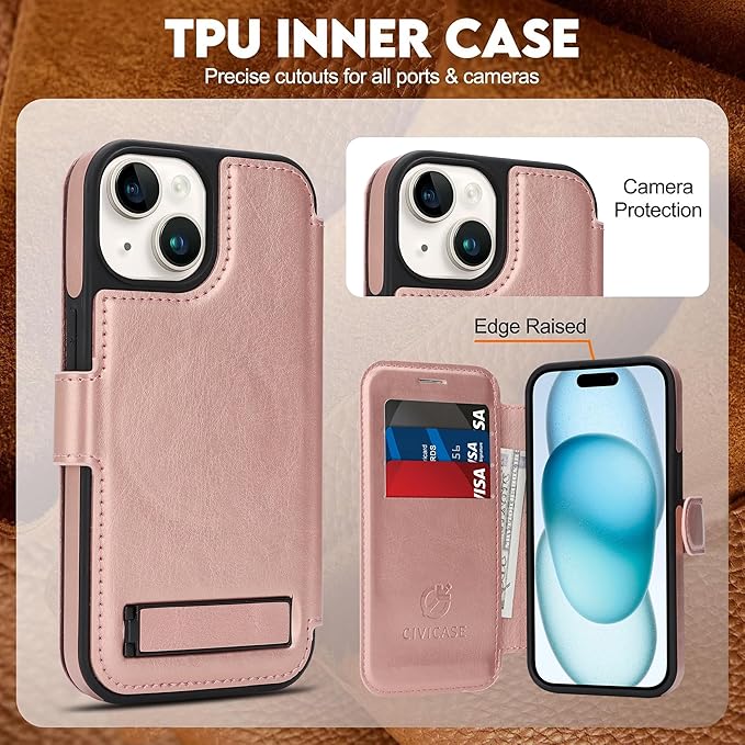 CIVICASE for iPhone 13/iPhone 14 Wallet Case with Stand,PU Leather Flip Credit Card Holder Slots (RFID Blocking),Compatible with Magsafe Magnetic Holder Phone Cover Women Men,Rose Gold