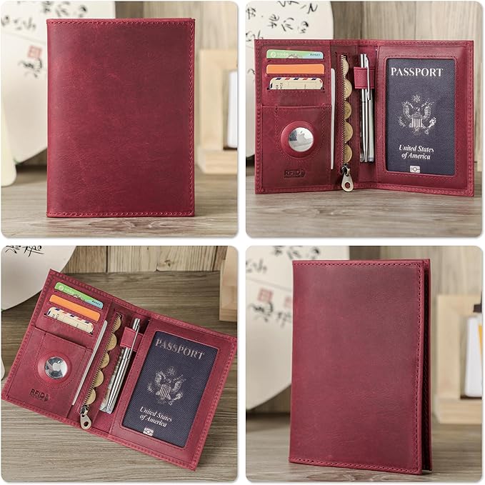 Top Grain Leather Single Travel Passport Wallet Holder for Man & Woman, Folio Design for Passport & Multi Cards, RFID Blocking Large Capacity for Passport/Cards/Checks/Bills/AirTag, Burgundy