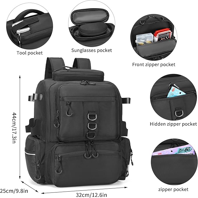 Rabjen Fishing Tackle Backpack, 45L Storage Waterproof Travel Bag Store Fishing Gear with Insulated Top Pocket