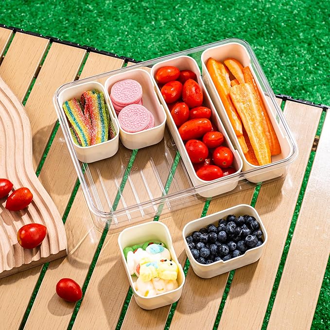 Bandesun Divided Serving Tray with Lid and Handle - Clear Organizer for Candy, Fruits, Nuts, Snacks - Snackle Box Charcuterie Container for Portable Snack Platters - Perfect for Party, Entertaining
