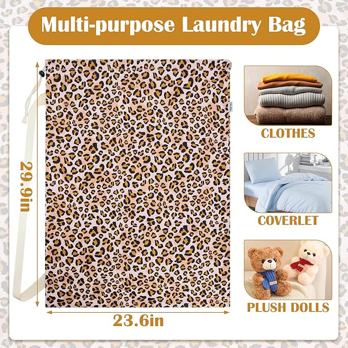 Canvas Laundry Bag with shoulder Strap 24" x 29", Large Drawstring Dirty Clothes Bag Washable Laundry Sack for College Dorm, Travel, Home, Camp (Leopard)