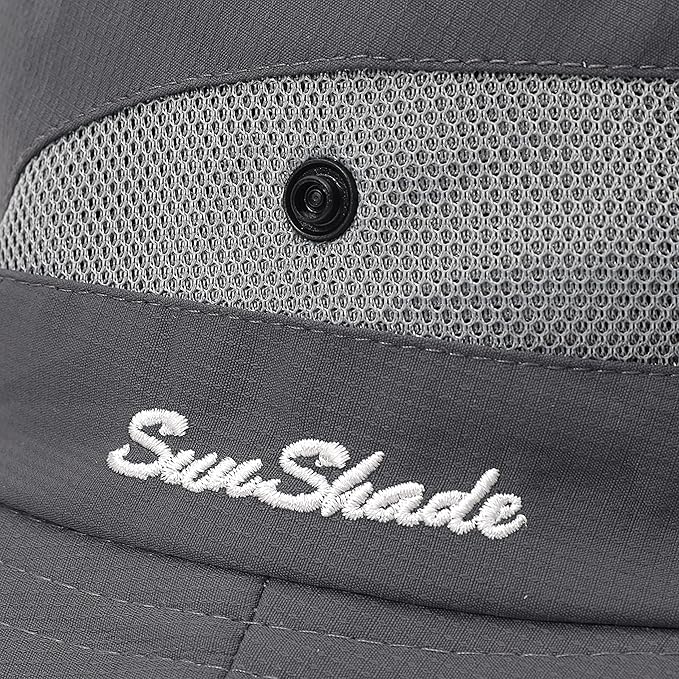 Womens Summer Sun Hat Beach Hat Wide Brim Outdoor UV Protection Hat Foldable Cool Mesh Ponytail Bucket Hat