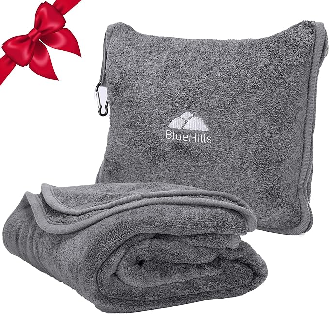 BlueHills Premium Soft Long Travel Blanket Pillow for Tall Airplane Flight Blanket Throw in Soft Bag case with Hand Luggage Belt & Backpack Clip Compact Pack Large Grey Gray T052
