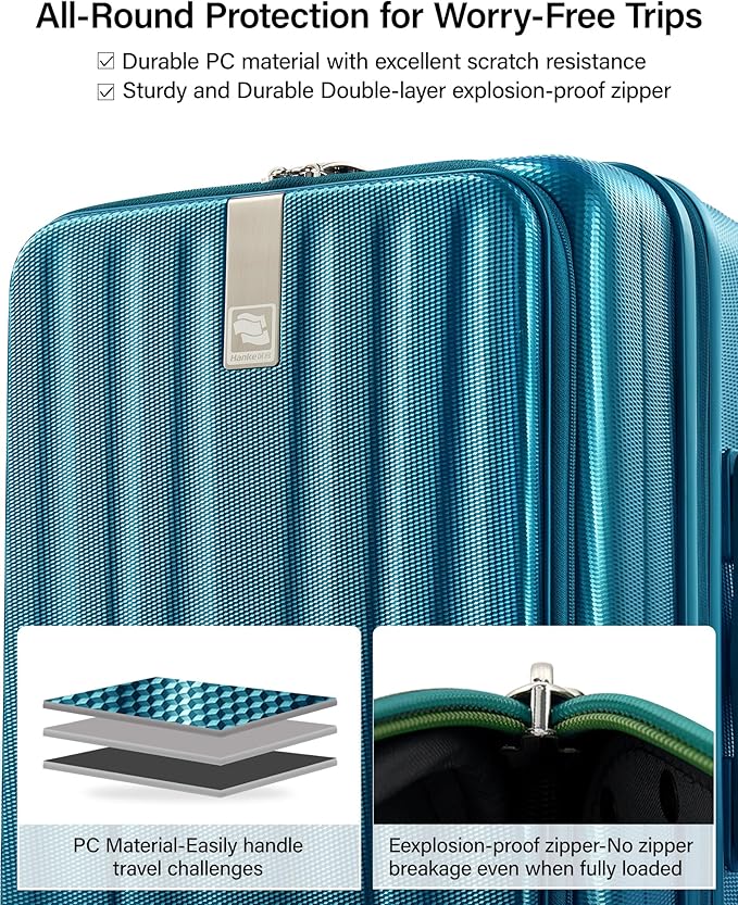 Hanke 16 Inch Expandable Under Seat Luggage with Wheels Top Opening Small Suitcase with Wheels Carry On Luggage Airline Approved Lightweight Hard Shell Suitcases for Weekender Overnight-Caribbean Blue
