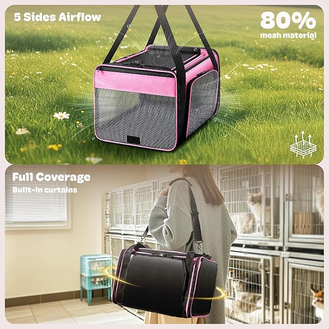 Top and 2 Sides Expandable Cat Carrier 17x11x11, TSA Airline Approved Dog Carriers for Medium Dogs, Soft-Sided Pet Carrier with Self-Locking Zippers for Kitten,Rabbit, Puppy, Guinea Pig Pink