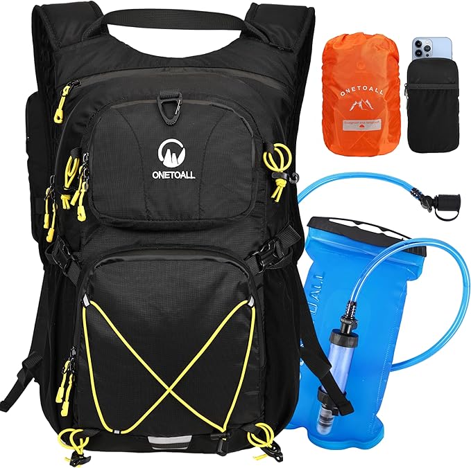 ONETOALL Hydration Backpack 22L, Hiking Backpack with 2L Leakproof Bladder, Sewn-in Rain Cover, Insulated Compartment for Men & Women Running, Cycling, Camping