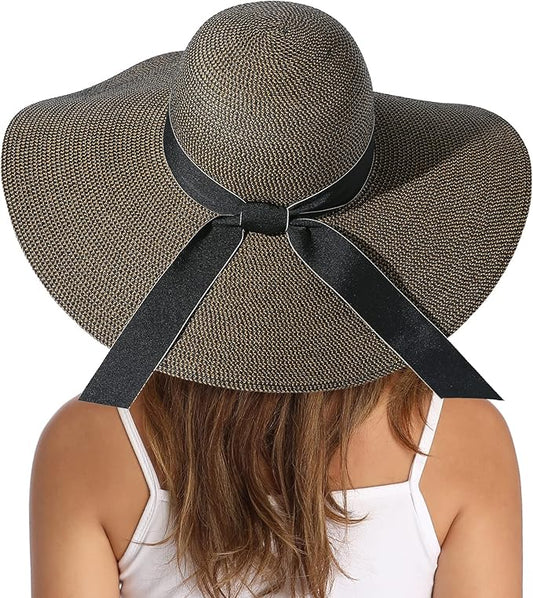 Lanzom Womens Wide Brim Straw Hat Big Floppy Foldable Roll up Cap Beach Sun Hat UPF 50+