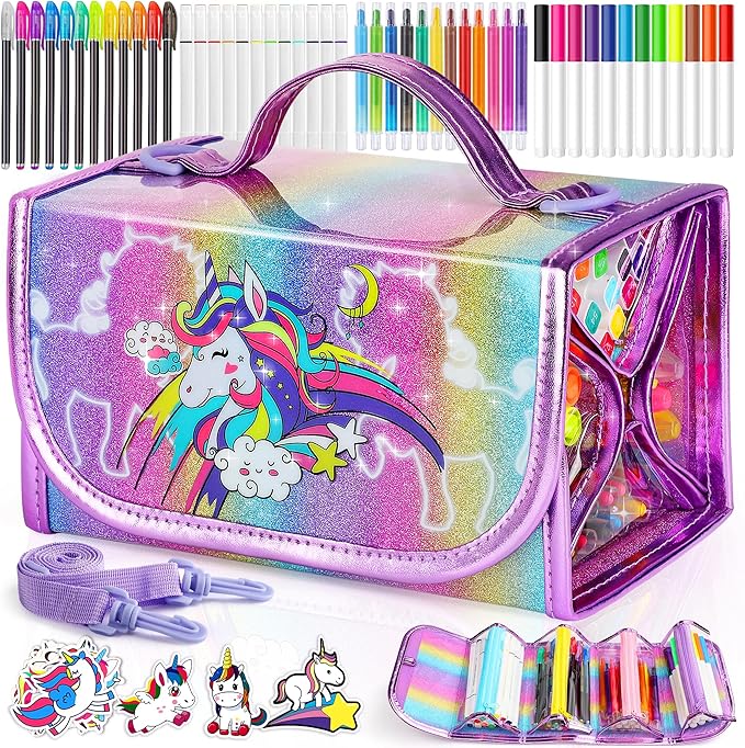 beefunni Unicorn Markers Set for Kids, Arts Supplies 67 pcs with Glitte Pencil Case and Strap, Birthday Gift for Girls 4 5 6 7 8 Years Old, Arts and Crafts Coloring Set for Kids 4-8