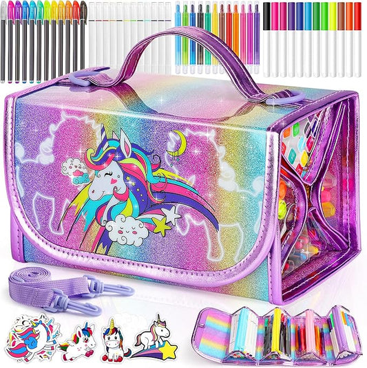 beefunni Unicorn Markers Set for Kids, Arts Supplies 67 pcs with Glitte Pencil Case and Strap, Birthday Gift for Girls 4 5 6 7 8 Years Old, Arts and Crafts Coloring Set for Kids 4-8