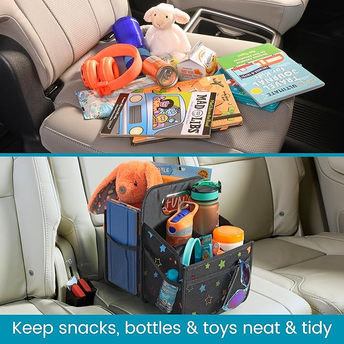 High Road Car Seat Caddy Organizer with Cup Holders - Middle Seat Car Organizer for Kids or Passenger Seat Organizer for Drivers - Portable Car Storage Bin with Easy Carry Handle (Starry Night)