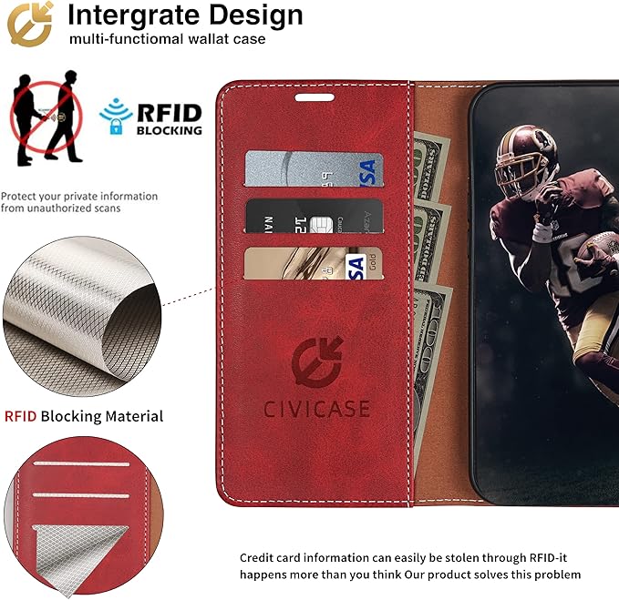 CIVICASE for iPhone 16 Pro Max Wallet Case,PU Leather Flip Case RFID Blocking Credit Card Holder Folio Magnetic Stand TPU Shockproof Cover Compatible with iPhone 16 Pro Max, Red Brown