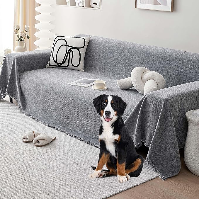 Chenille Couch Cover for 3 Cushion Sofa Pet Friendly Furniture Covers, Boho Sofa Covers Washable L Shape 3 Seater Couch Cover, 71"x 134", Grey