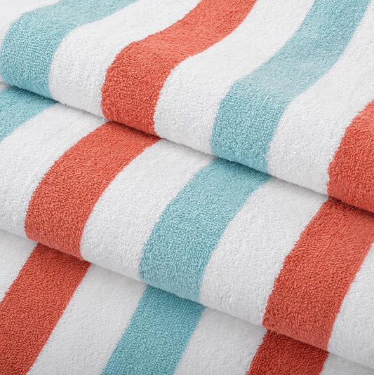 Arkwright Cabo Cabana Stripe Beach Towel - Pack of 4 - Large Soft Quick Dry Cotton Terry Towels for Pool, Swim, and Hot Tub, Oversized 30 x 70 in, Crabapple/Pool Blue