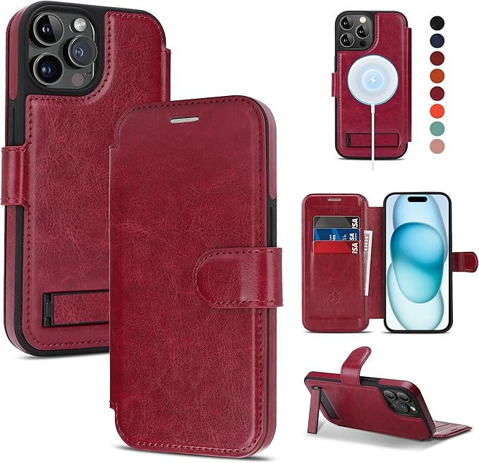 CIVICASE for iPhone 15 Pro Wallet Case with Stand,PU Leather Flip Credit Card Holder Slots (RFID Blocking),Compatible with Magsafe Magnetic Holder Phone Cover Women Men,Wine Red