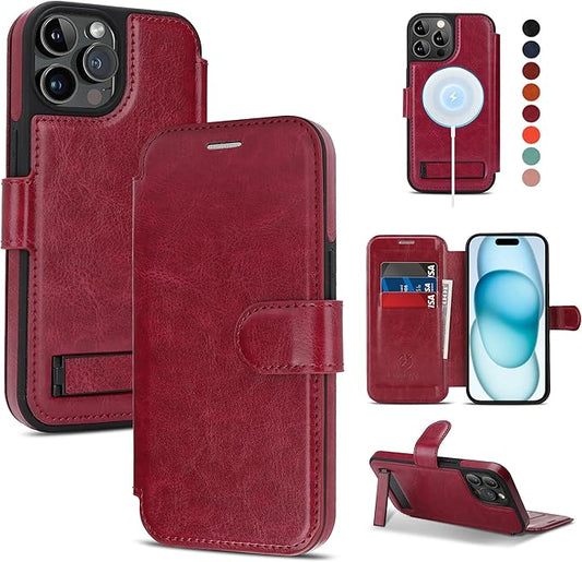 CIVICASE for iPhone 15 Pro Max Wallet Case with Stand,PU Leather Flip Credit Card Holder Slots (RFID Blocking),Compatible with Magsafe Magnetic Holder Phone Cover Women Men,Wine Red