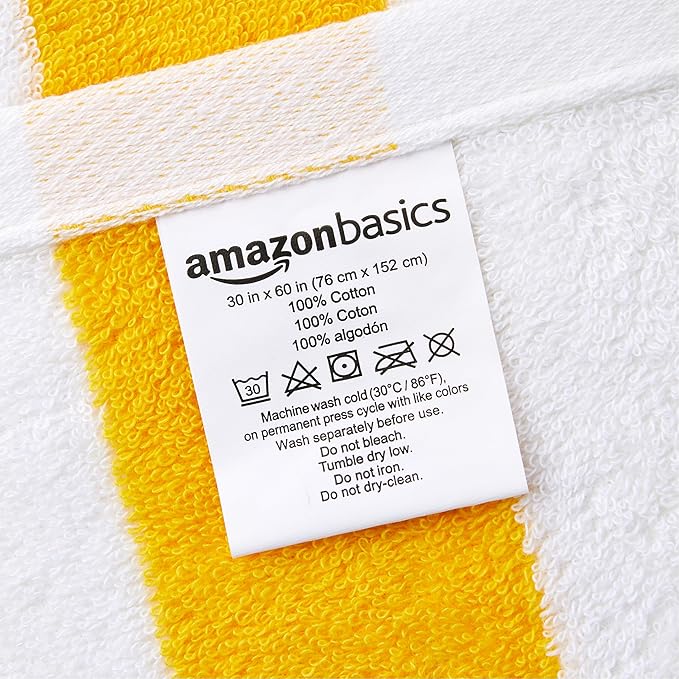 Amazon Basics 100% Cotton Terry Cabana Stripe Pool & Beach Towels, Soft & Absorbent, Large, 2-Pack, Yellow, 30" x 60"