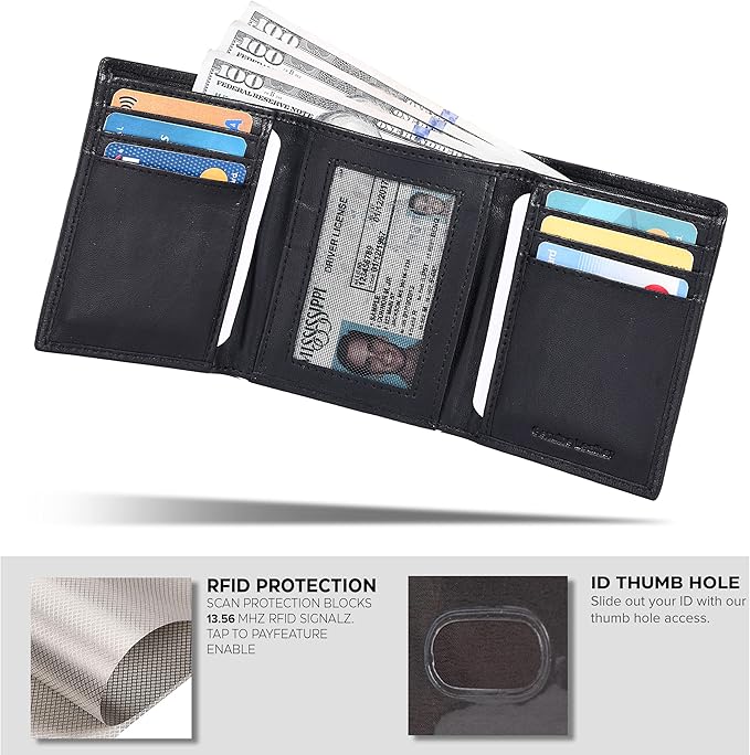 Tri fold Leather Wallet for Men with RFID | Slim Wallets for Men with 1 ID and 6 Credit card slots | Front Pocket Minimalist
