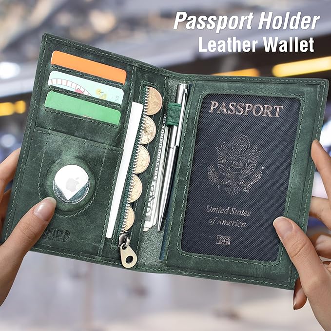 Top Grain Leather Single Travel Passport Wallet Holder for Man & Woman, Folio Design for Passport & Multi Cards, RFID Blocking Large Capacity for Passport/Cards/Checks/Bills/AirTag, Green