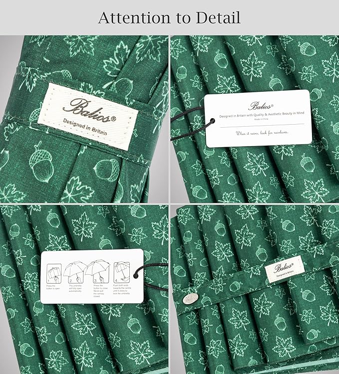 Balios Travel Folding Umbrella with Real Wood Handle Auto Open Close Vented Windproof Canopy - Designed in UK