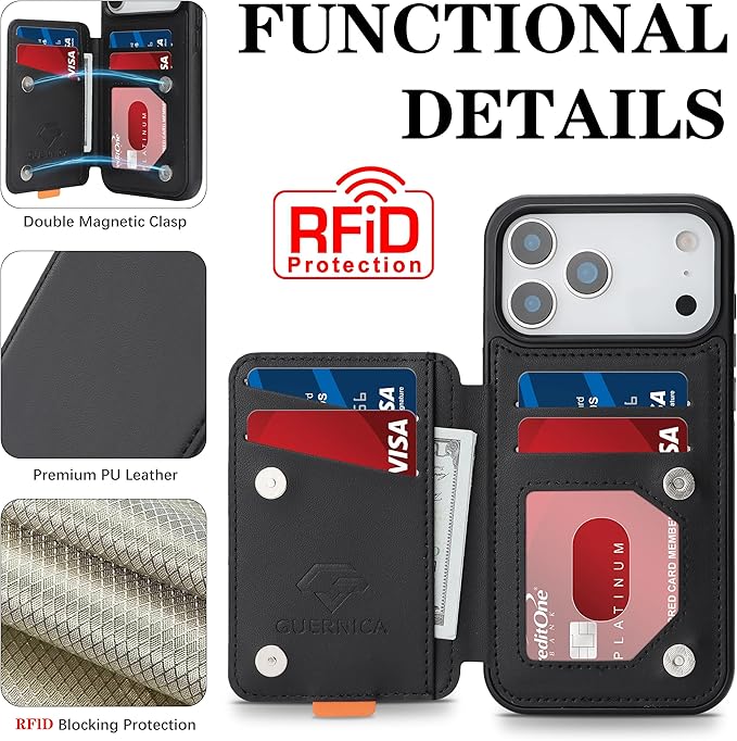 GUERNICA for iPhone 17 Pro (6.3") Case Wallet with Card Holder, RFID Blocking Leather Protection, Shockproof Women Men Phone Case for Apple 17 Pro, Black