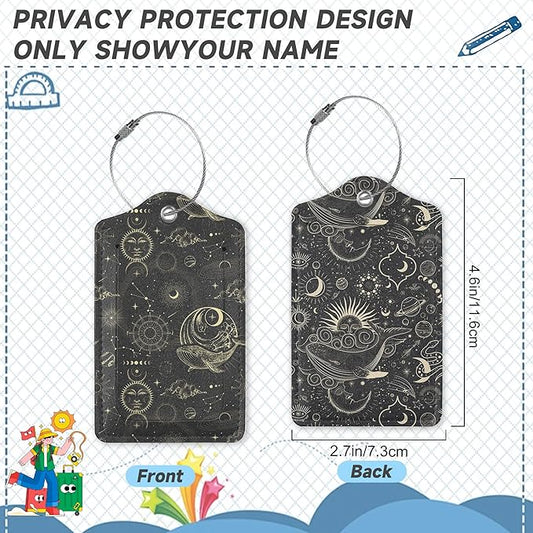 Vintage Sun Luggage Tags for Suitcases,2 Pack Stars Planets Luggage Tag,Leather Stainless Steel Loop Label Tag for Women Men Girls Travel Bag Suitcase