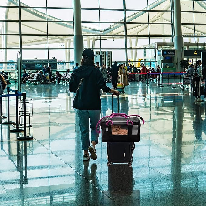 FLUFFY COMMUTE™ TSA Airline Approved Dog Carrier | Soft-Sided | Fits Small Dogs & Pets Up to 15 lbs & 17” Long × 11” Tall | Black w/Pink Handle