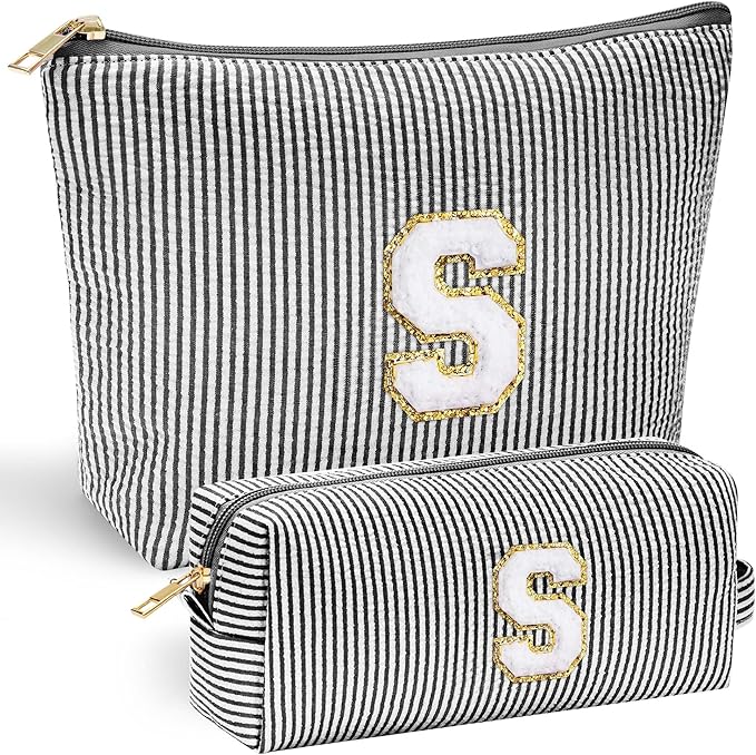 YOOLIFE Monogram Makeup Bag for Girls Teen Girl Gifts | Initial Makeup Bags Cosmetic Toiletry Pouch Make Up Case Best Friend Friendship | Stocking Stuffers for Girls Teen Daughter Teacher Black S